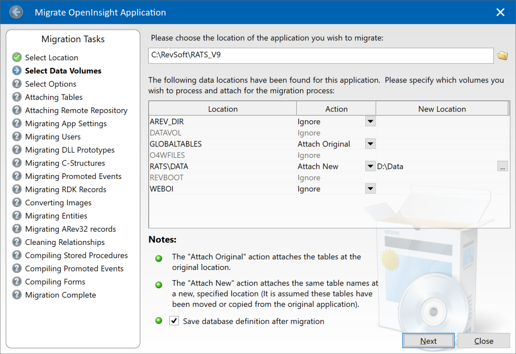 OpenInsight v10.2.1 Migration Tool showing new "attach tables" option